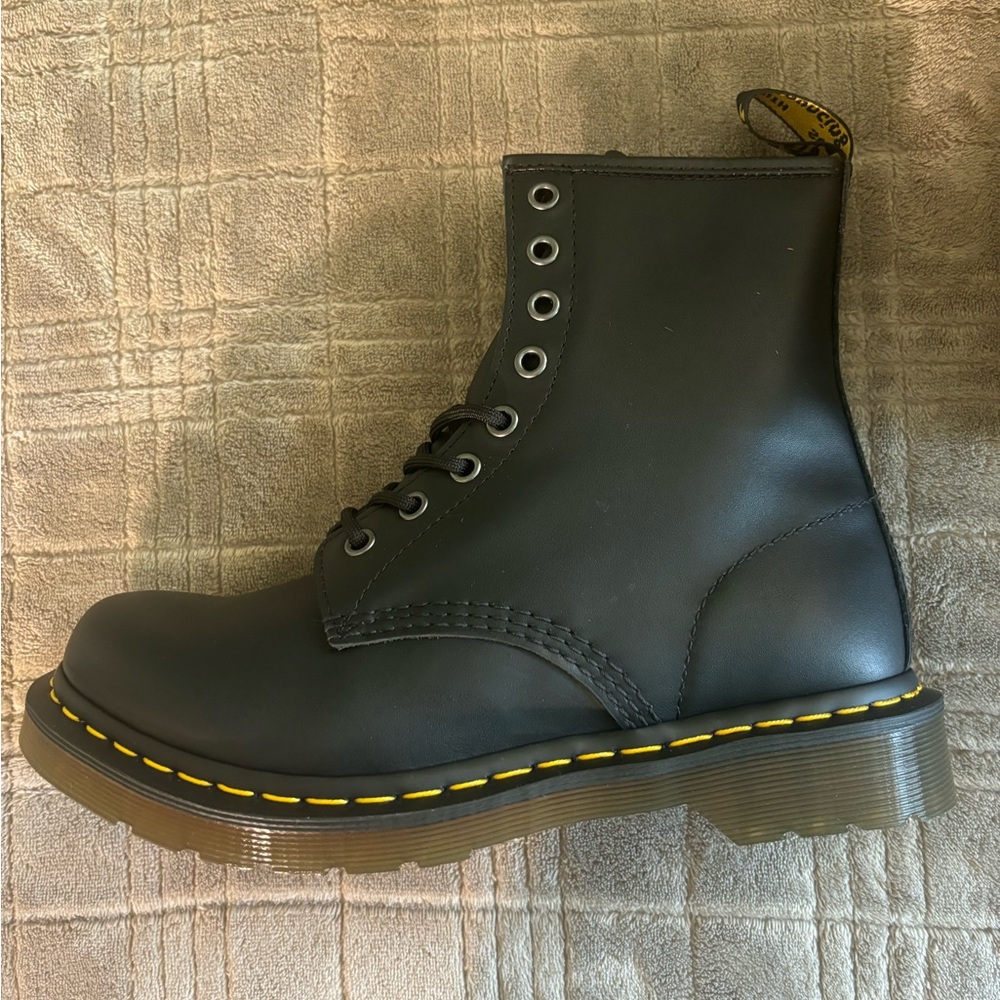 Brand new Dr. Martens 1460 W Black Leather Boot with Yellow Heel Loop